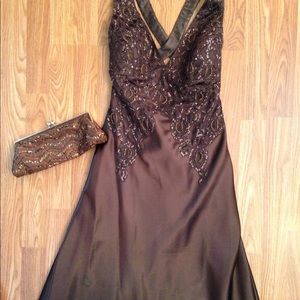 Chocolate brown formal dress with purse.